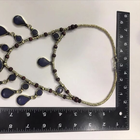 Two Layers Tribal Stones Vintage Necklace, Afghan Metal and Wooden Beaded Chain - Picture 6 of 7